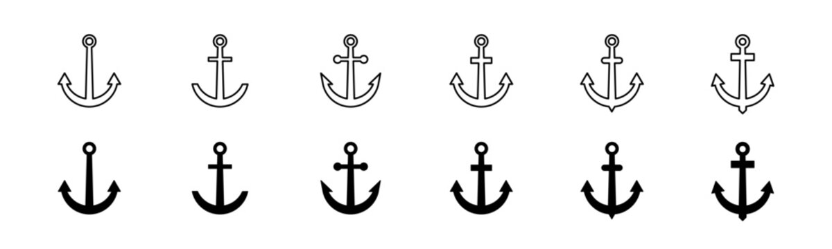 Anchor icon set. Line and glyph ship anchor vector