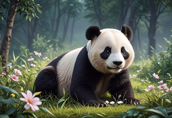 Fototapeta premium Panda bear close up on nature background 