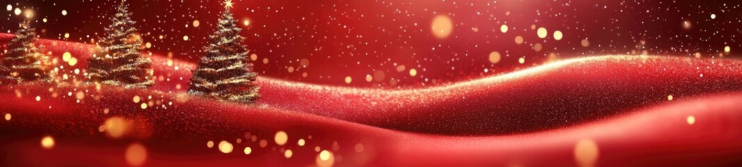 Gold Christmas and New Year Typography on Red Background with Snowflakes and Winter Landscape