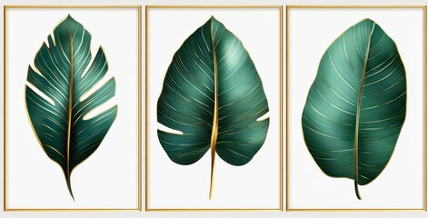 Set of three abstract green leaf line art posters framed on a white background.