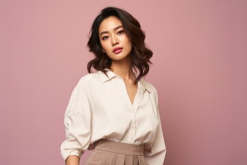 Fototapeta premium Portrait of a tender asian woman in her 40s donning a trendy cropped top on pastel or soft colors background