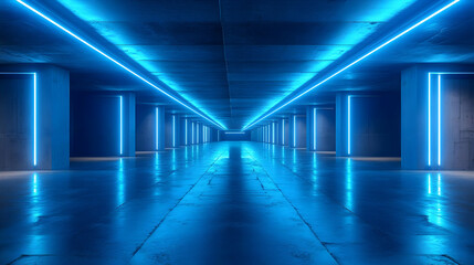 Neon Blue Lights In Concrete Corridor 3D Illustration