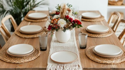 beautifully arranged dining table featuring floral centerpiece, elegant plates, and stylish glassware, creating warm and inviting atmosphere for gatherings. 