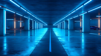 Fototapeta premium Blue Neon Lights Illuminated Parking Garage 3D Illustration