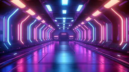 Futuristic Corridor With Pink and Blue Neon Lights 3D Illustration