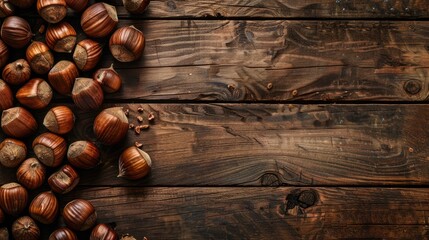 hazelnuts on wooden background copy space banner