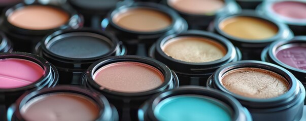 Close-up of luxurious makeup beauty compacts, showcasing shimmering shades and sleek packaging. Free copy space for text.