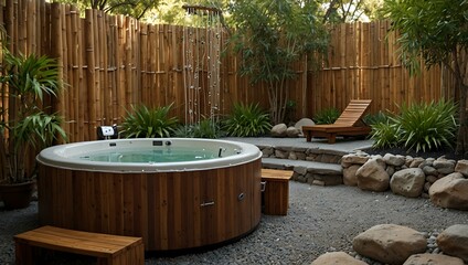Garden spa with wind chimes, heated stones, and bamboo fencing.
