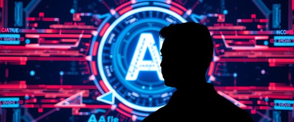 A silhouette looking at a digital rendering of an AI logo with the letters "AI" in holographic text surrounded by futuristic graphics.