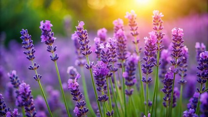 Obraz premium Beautiful lavender purple flowers in full bloom against a soft green background in natural light
