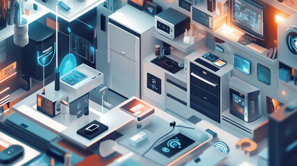 Showcase the power of the Internet of Things with a visually stunning image of a smart home filled with various connected devices and appliances AI,