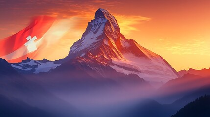 The Matterhorn’s silhouette at sunrise, with the Swiss flag softly painted in the background. The warm golden light of the rising sun highlights the mountain’s peaks,
