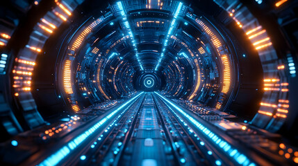 Futuristic Sci-Fi Tunnel with Blue and Orange Lights - 3D Illustration