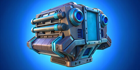 Fototapeta premium 3D Video games device banner template. A sleek, futuristic gaming device possibly a combination of a console, VR headset, and controller. Blue background. Innovation and technology concept.