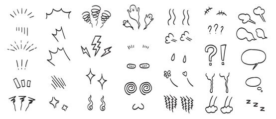 Set of hand drawn manga comic book emotion effects. Hand drawn line or outline anime elements. Doodle vector icons and sign facial expression of fear, anger, dizzy, crying or sighing. Motion effects.