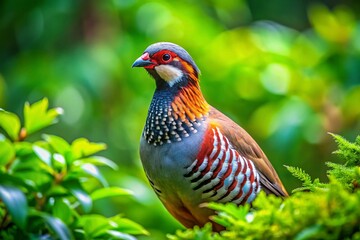 Fototapeta premium Beautiful Partridge Bird Perched Amidst Lush Greenery in Natural Habitat Captured in Stunning Detail