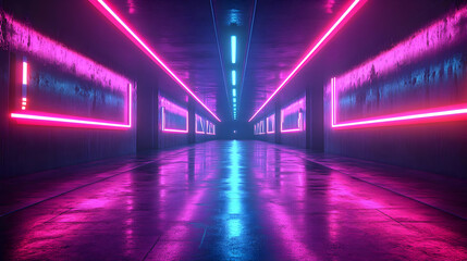 Fototapeta premium Neon Lights in a Dark Corridor 3D Illustration
