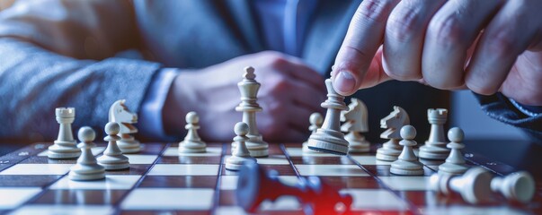 A man’s hand moving a chess piece during a tense chess match in a cozy living room setting. Free copy space for text.