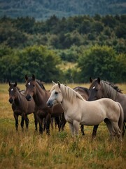 Group of Konik horses in a field.