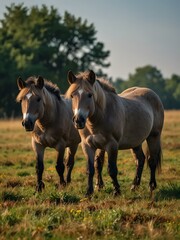 Group of Konik horses in a field.