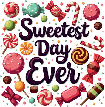 Sweetest day ever cany day design template vector illustration with colorful candies, including lollipops, gummy bears, candy canes, and wrapped sweets,