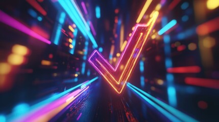 Neon Check Mark in a Futuristic Abstract Setting