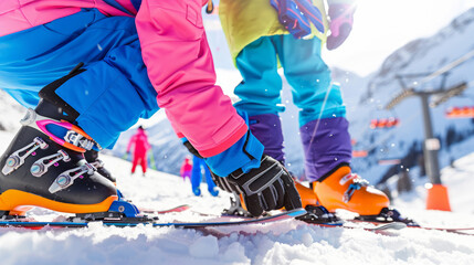 Close-up of a mother adjusting her child's ski boots on a snowy mountain slope. Concept of family bonding, winter sports, and skiing preparation