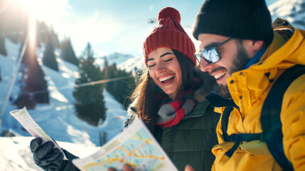 Man and woman reading a map while enjoying a sunny day at a snowy ski resort on a mountain. Concept of outdoor adventure, navigation, and winter travel