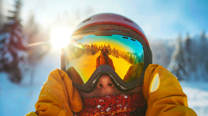 Close-up of Skier Adjusting Goggles Reflecting Scenic Winter Landscape. Concept of Outdoor Adventure, Snow Sports, Winter Recreation