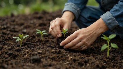 Hands planting a seedling in soil for Earth Day.