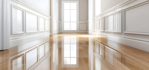 Obraz premium Brightly lit hallway with glossy wooden flooring, warm natural light streaming in, creating soft reflections on the surface