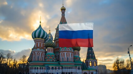 The silhouette of Saint Basil's Cathedral at dawn, with the Russian flag subtly painted in the background. The soft morning light highlights the cathedral&rsquo;s iconic domes, while the white, blue,