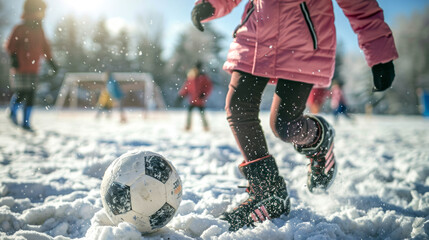 Young Girl Playing Soccer with friends in Winter Snow, Wearing Pink Jacket and Black Snow Boots. Concept of Child's Active Lifestyle, Winter Sports, Outdoor Fun