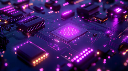 Obraz premium Purple Glowing Circuit Board 3D Render