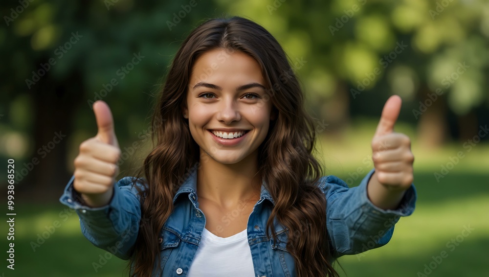 Wall mural happy young woman giving a thumbs-up, close-up with a green background.