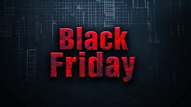 Bold red BLACK FRIDAY text on a dark background with a subtle grid texture. Concept of holiday shopping, major sales event, consumerism, and promotional design. Banner