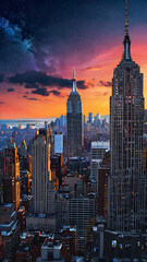 Naklejka premium New York City Anime Landscape: A Vibrant, Dreamlike Fusion of Urban Skyscrapers and Neon Lights in a Futuristic Anime Style