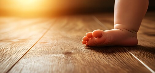 Soft baby feet touching a wooden floor, warm tones and natural light, tender and peaceful moment in a modern home