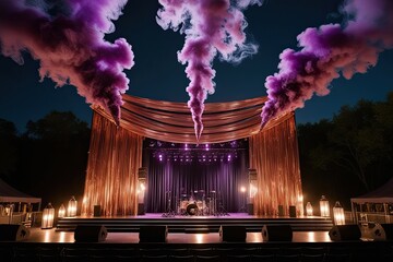 Enchanting Nighttime Concert Stage Adorned with Bronze Lavender Smoke and Lanterns