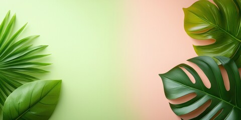 3D Vibrant green and peach background with lush tropical leaves, perfect for summer themes and nature-inspired designs.