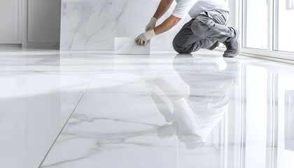 Tile installer kneeling on a reflective floor, fitting marble tiles with care, sleek and modern interior renovation scene