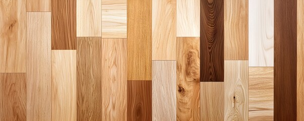 Variety of wood planks arranged in overlapping layers, featuring different tones and textures, modern flooring material showcase
