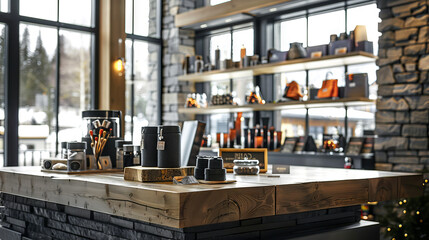 Upscale ski resort gift shop with sleek wooden counter displaying premium accessories and modern decor. Concept of luxury shopping, winter vacation, and exclusive gifts