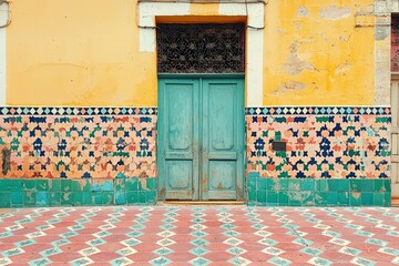 Fototapeta premium Worn Tile and Teal Doorway in a Yellow Building