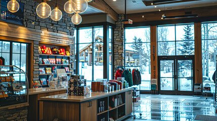 Upscale ski resort gift shop with sleek wooden counter displaying premium accessories and modern decor. Concept of luxury shopping, winter vacation, and exclusive gifts