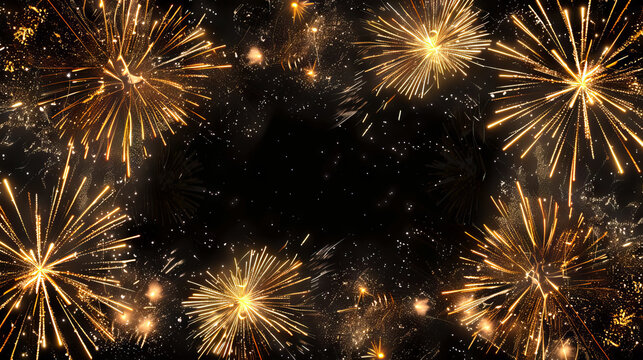 Golden Sparks and Fireworks Creating a Rectangular Frame with copy space on a Starry Black Background. Concept of Celebration, Festivity, Nighttime Wonder, Christmas, greeting card, invitation