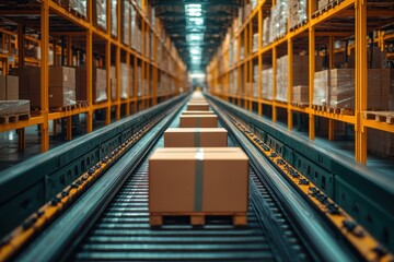 Fototapeta premium Automated Warehouse Conveyor System with Cardboard Boxes
