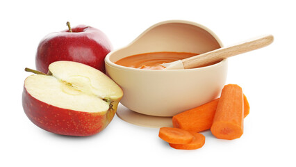 Delicious baby food in bowl and ingredients isolated on white