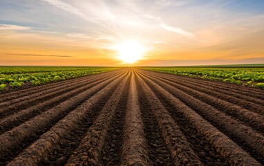 Wide, open farmland with contrasting lines of plowed earth and green vegetation, beautiful geometric patterns under a soft sunset