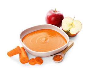 Delicious baby food in bowl and ingredients isolated on white